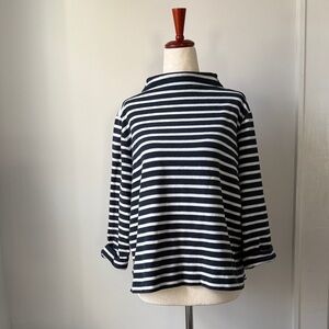 Jigsaw Navy and White Striped Long Sleeve Top Cotton Mock Neck Boxy Sweater